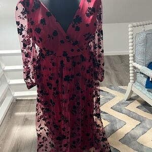 Elegant red with Black overlay Floral Dress